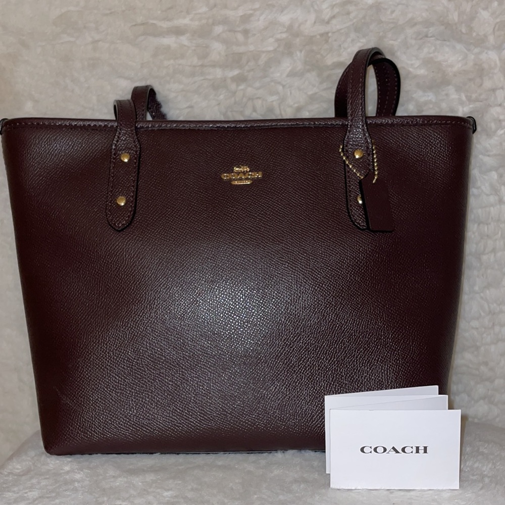 Coach Women's Mini Leather City Zip Tote Purse in Oxblood.